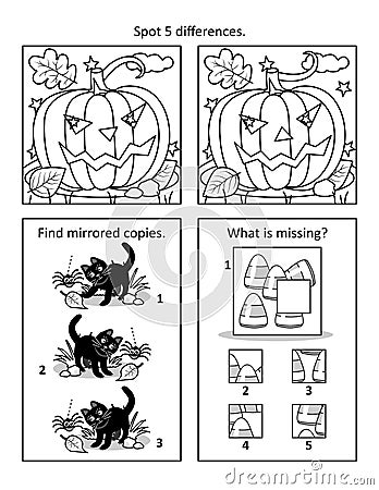 Halloween puzzle page with 3 visual puzzles or picture riddles. Find differences, mirrored copies, missing fragment. Pumpkin, blac Vector Illustration